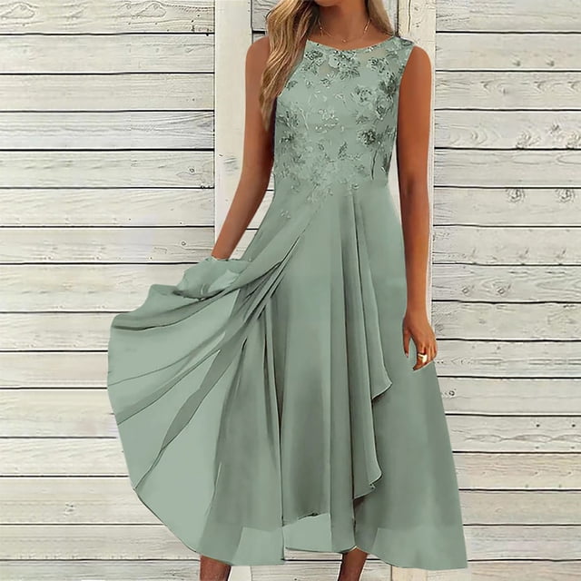 Lenago Robe d'Été Grande Taille pour Femmes Aguichant Unie Sans Manches Col Rond Dentelle Chiffon Taille en Maille Robes de Soirée Plage en Liquidation