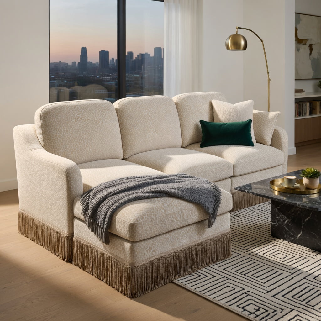 Hommoo 131" Leopard Print Chenille L-Shaped Sofa Set with Movable Ottoman, Tassel Trim & Ergonomic Deep Seat, Modern Living Room Sectional, Beige