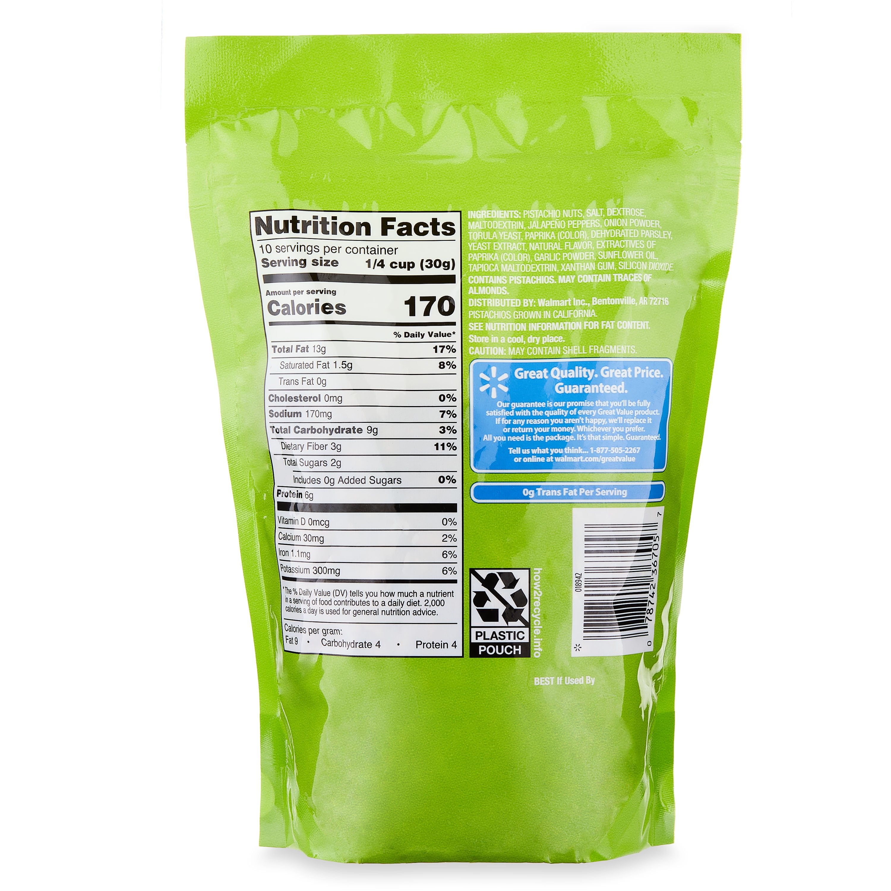 Great Value Jalapeno, No Shell Pistachios, 11 oz Resealable Bag