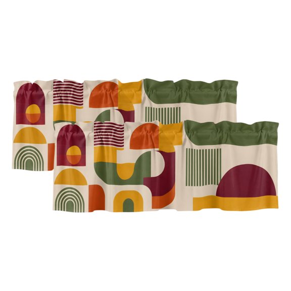 Abstract Boho Valances for Windows 2 Pack, Rustic Red Green Ochre Arch Lines Minimalist Window Valance Curtains for Kitchen, Rod Pocket Short Curtains for Bathroom Bedroom Decor, 60" x 18"