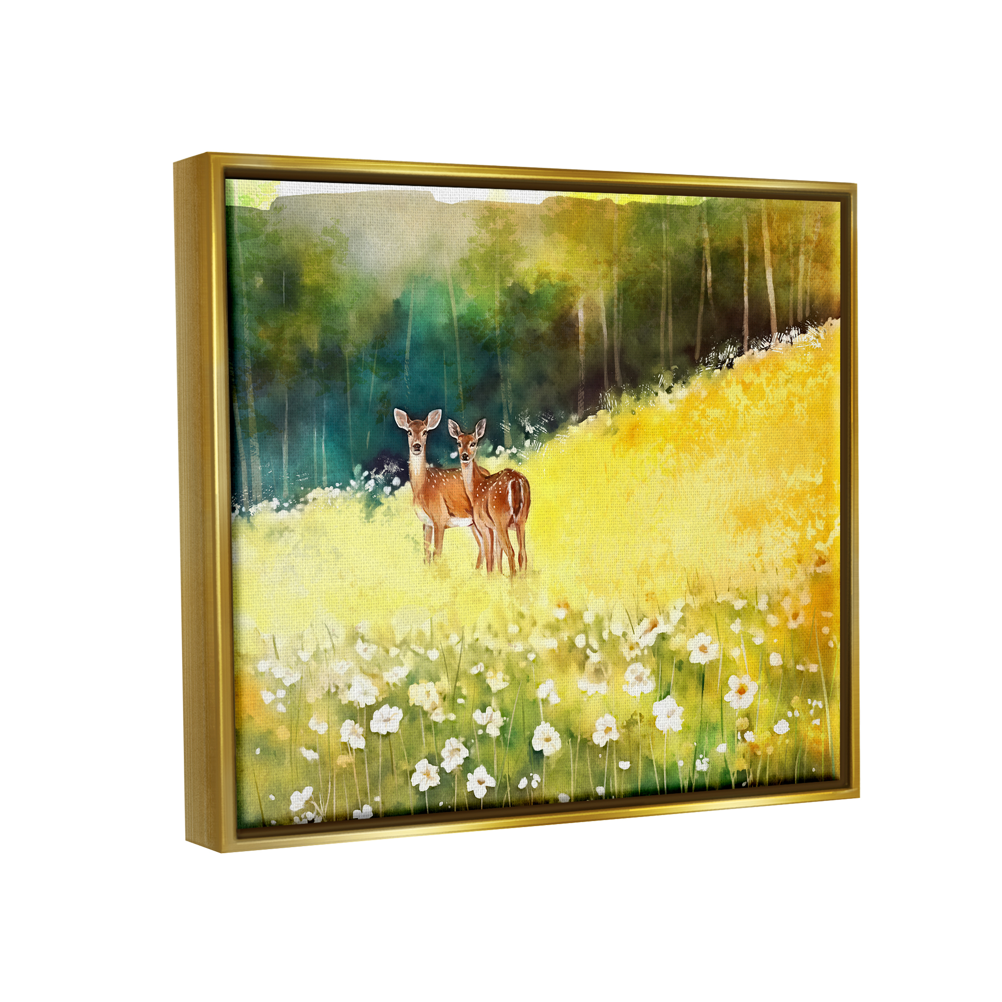 Stupell Industries Fawns in Meadow Watercolor Animals & Insects Painting Gold Floater Framed Canvas Art Print Wall Art, 21 x 17