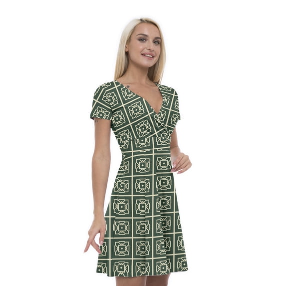 Women’s A Line Art Deco Summer Dress, Retro Triangle Arrangement, Cross Wrap V Neck, 6 Sizes, by Ambesonne