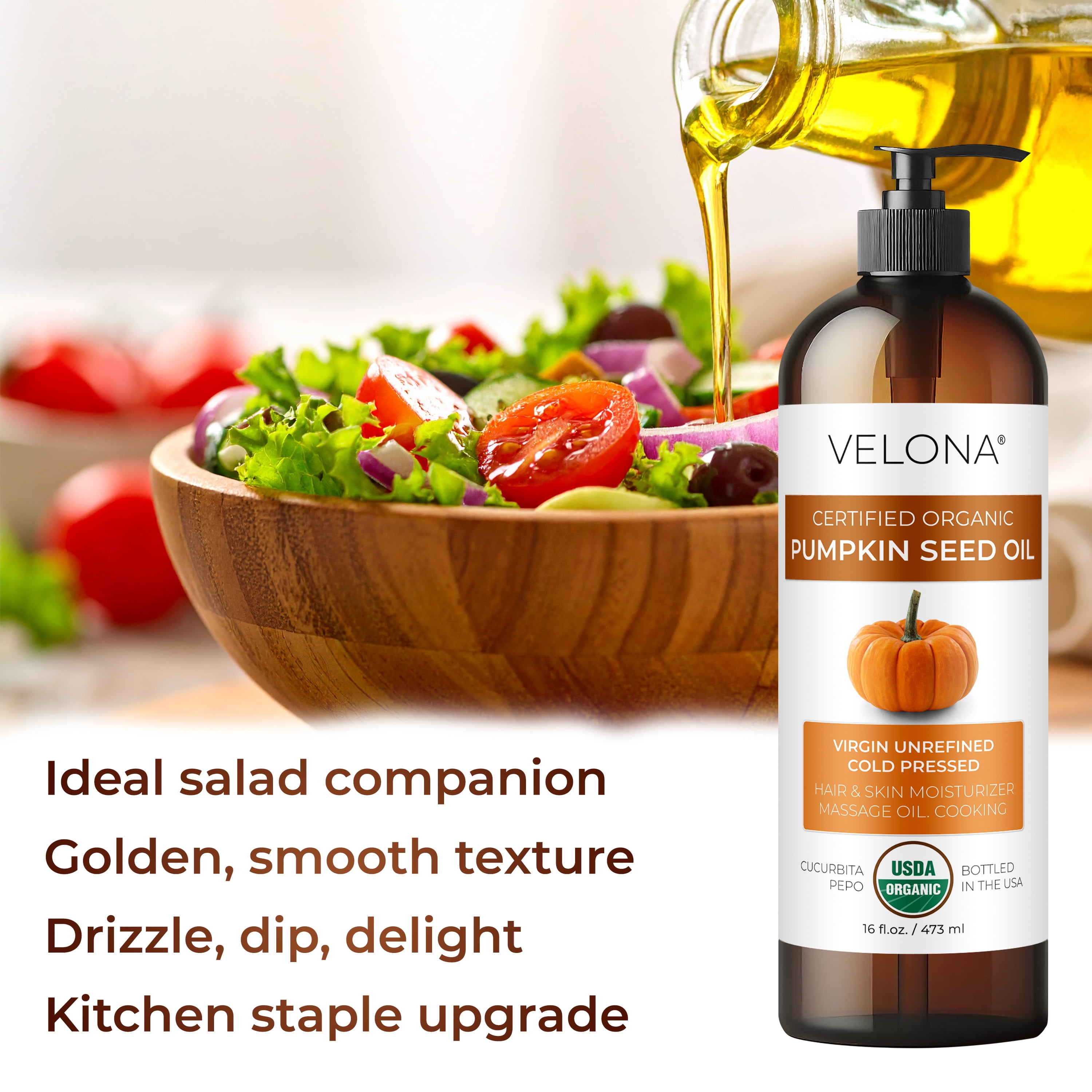 Velona Pumpkin Seed Oil USDA Certified Organic - 1 Gallon / 128 Fl Oz | 100% Pure and Natural Carrier Oil | Unrefined, Cold Pressed | Cooking, Face, Hair, Body & Skin Care