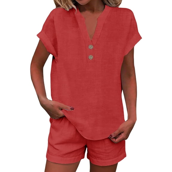 NMMUED Women 2 Piece Linen Short Sets 2026 Summer Vacation V Neck Short Sleeve Beach Outfits Button Casual Suits Lounge Sets for Women Red L