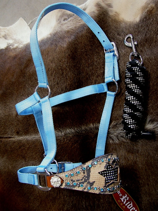 Horse Noseband Tack Bronc Leather HALTER Tiedown Lead Rope Turquoise