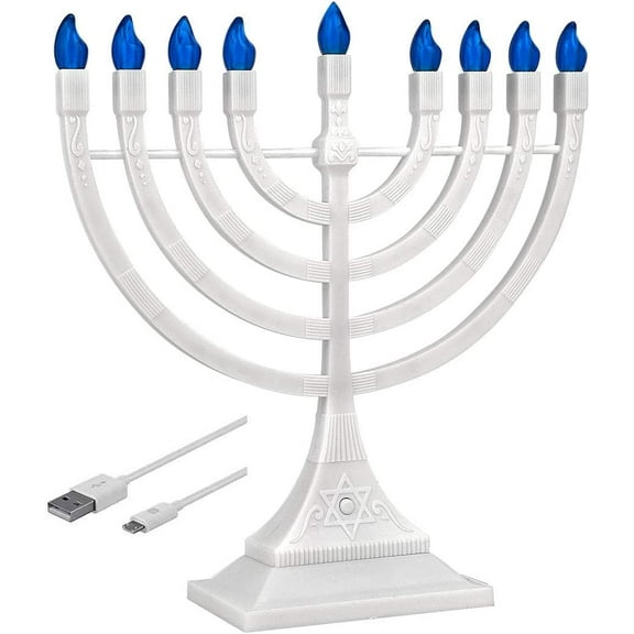 Electronic Hanukkah Menorah with LED Flame Shaped Bulbs - Batteries or USB Powered - 4' Cable Included Chanukah Battery Menurah by Zion Judaica (White)