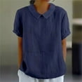 thumbnail image 4 of YVNAURA Plus Size Cotton Linen Shirt for Women Breathable Short Sleeve Blouse Loose Fit Button Down Camp Collar Top Lightweight Summer Casual Tunic 2026, Blue,L, 4 of 8