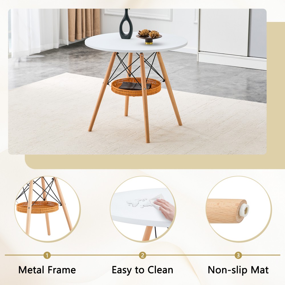 31.5" Round Dining Table, White MDF Vacuum-Formed Tabletop with Solid Wood Legs, Woven Storage Basket, Modern Kitchen Table for 2-4