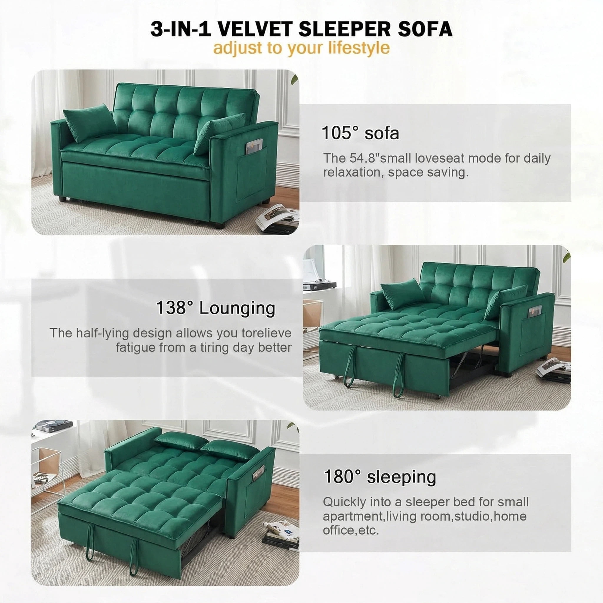 Avobird 3-in-1 Velvet Convertible Sleeper Sofa, Pull Out Couch Bed with Adjustable Backrest & Storage, Green