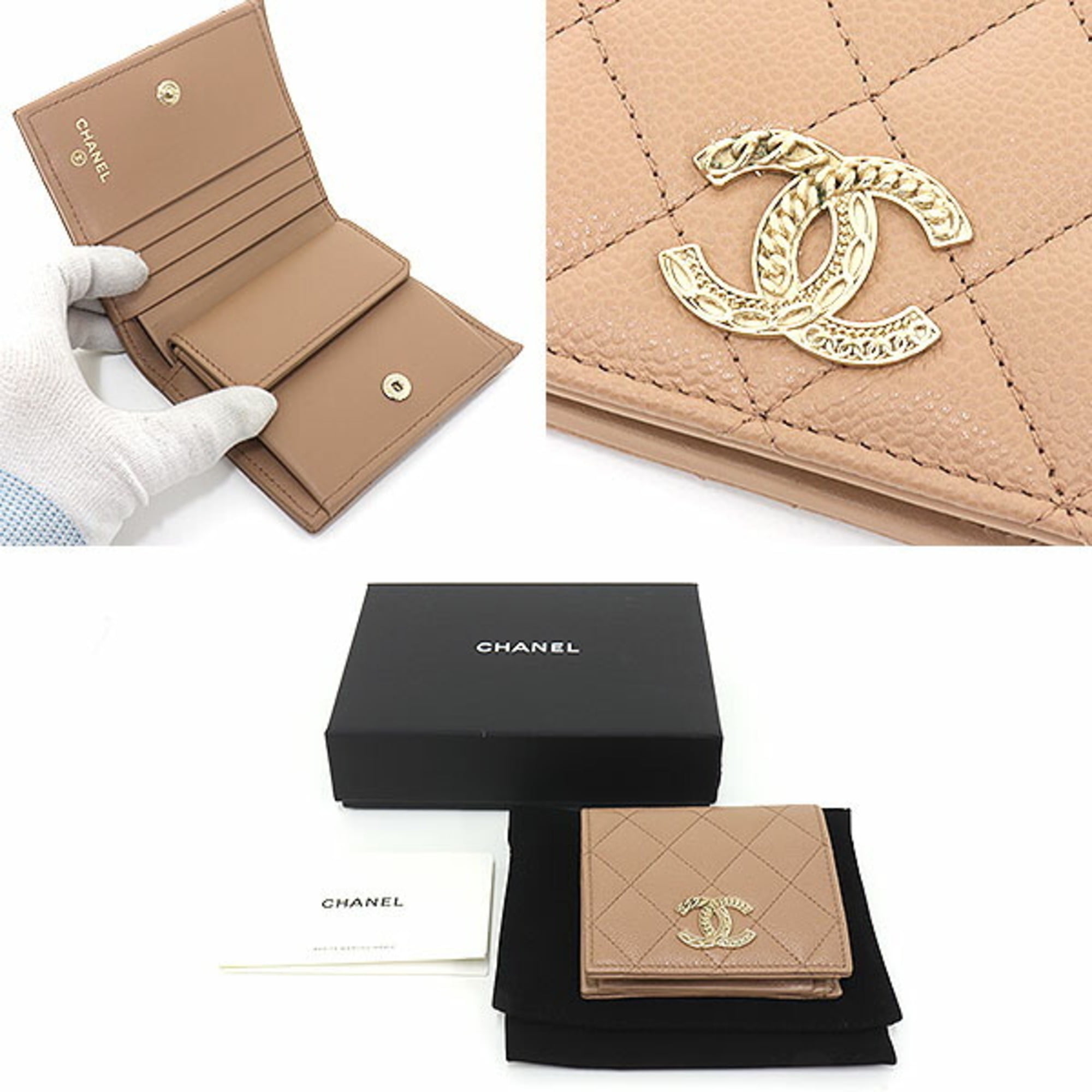 Authenticated Used Chanel Wallet Coco Button Long Bi-Fold Beige Light Brown  Women's Leather CHANEL 