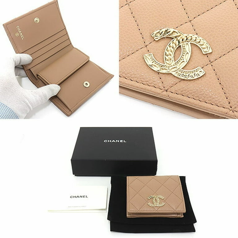 Pre-Owned Chanel CHANEL Small Wallet Grained Calfskin Caviar Skin Beige  Gold Metal Fittings AP3055 Quilting Matelasse Coco Mark Chain Motif Bifold