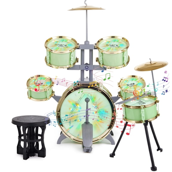 Lictin Kids Drum Set for Toddlers, Beginners Jazz Drum Set with Lights, Stool, Cymbal and Drumsticks, Educational Musical Instrument Toys Gift for Boys Girls Ages 2-6