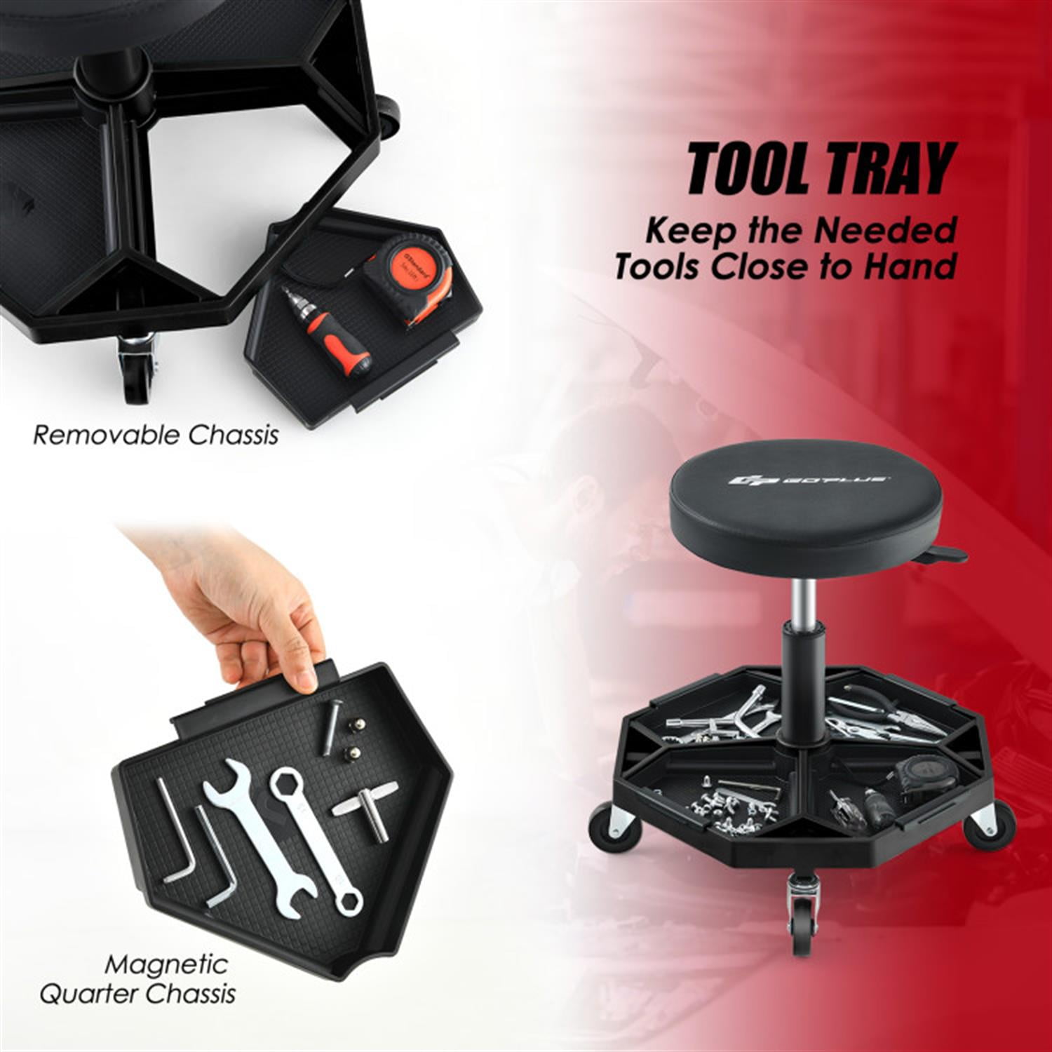 Demi Bonn 330S Capacity Pneumatic Rolling Mechanic Stool with Padded Seat, Mechanic Stool for Garage, Shop, Auto Repair, Black