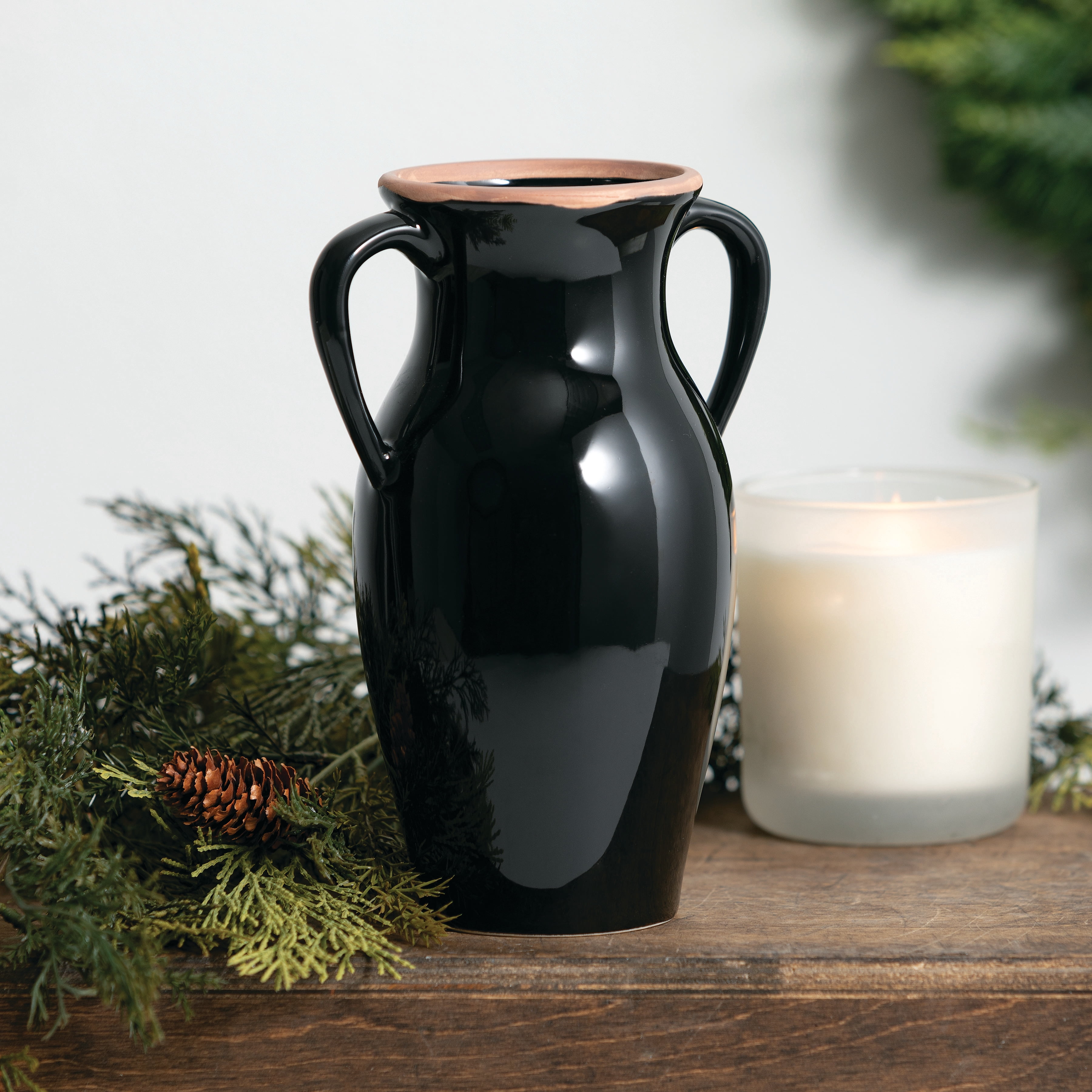 Sullivans Black Natural Rimmed Ceramic Vase With Handles, 8"H