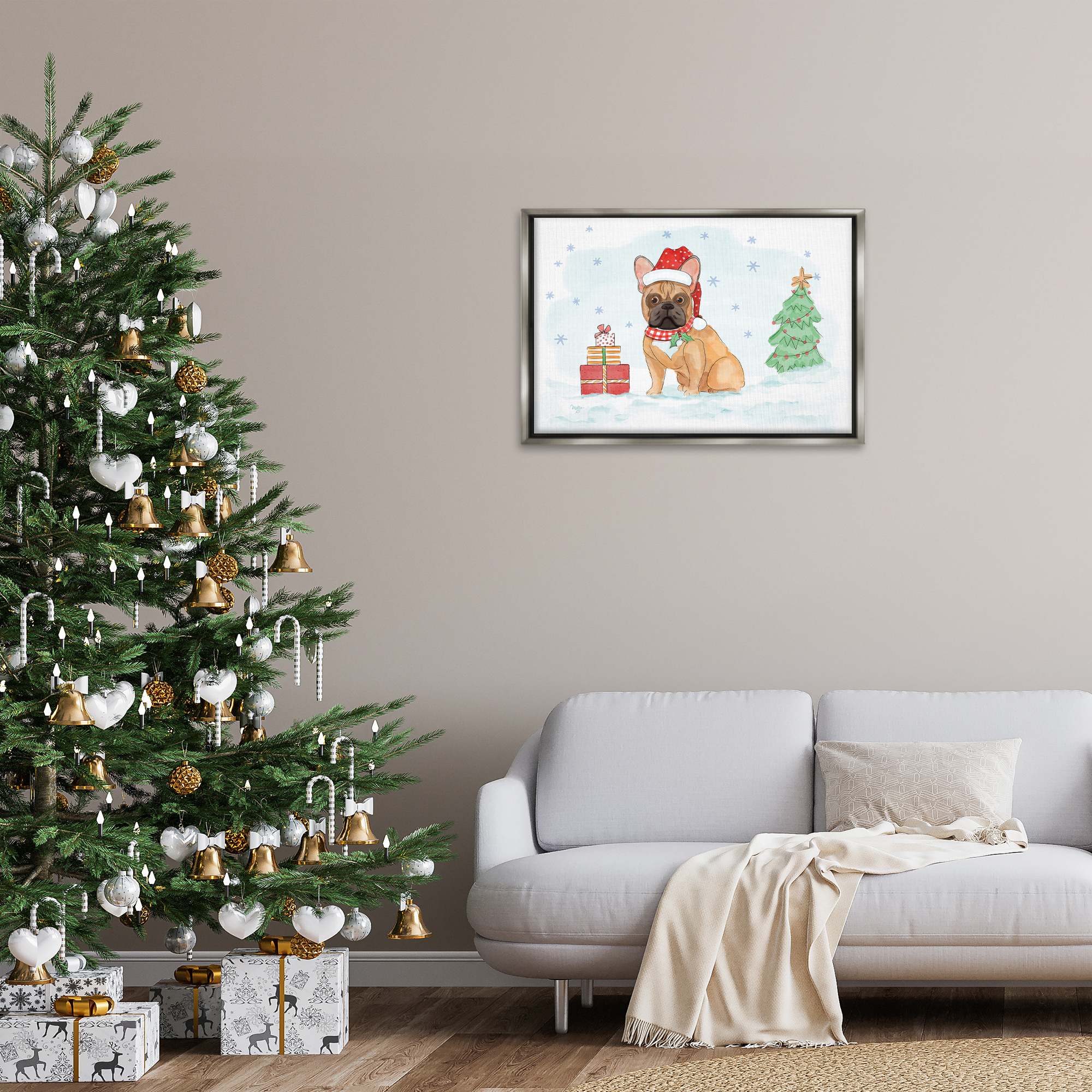 Stupell Industries Holiday Dog in Snow Holiday Painting Gray Floater Framed Canvas Art Prints Wall Art, 31 x 21