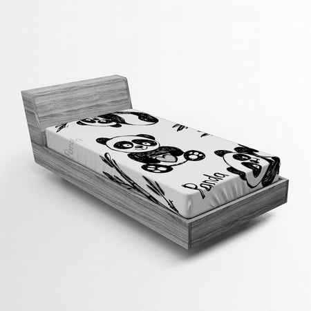 Panda Fitted Sheet Cheerful Panda Different Poses with Bamboo Branch Children Painting Print, Soft Decorative Fabric Bedding, Black White, by Ambesonne