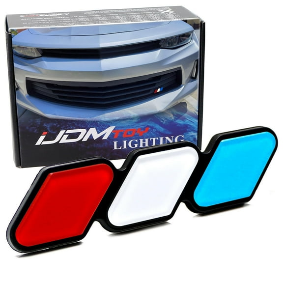 Iconic Red/White/Blue 3-Color Stripe Lower Grille/Hood Grill Badge Emblem w/No Removal Required Toggle Anchor Bolts, For Chevy Camaro or Ford Mustang (Red/White/Blue)
