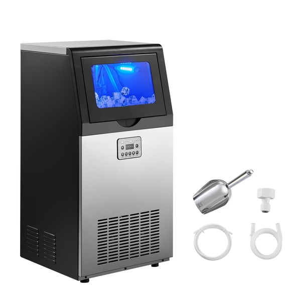 KFFKFF Commercial Ice Maker Machine, 100 lbs/24h with 30 lbs Storage Capacity, Built-in/Freestanding/Under Counter, Stainless Steel Ice Maker with LED Display & Self-Cleaning Function
