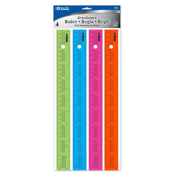 BAZIC Plastic Ruler 12" (30cm) w/ Multiplication Table, (4/Pack), 1-Pack