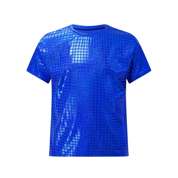 Jizyo Kids Boys Girls Metallic Disco Dance T-Shirt Tops Short Sleeve Shirts Shiny Jazz Hip Hop Party Costume Dancewear Blue 140