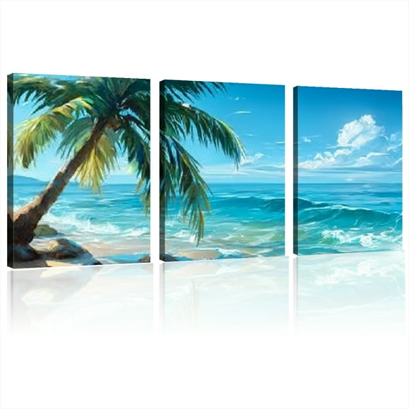 Large Tropical Beach Canvas Art Framed Wall Decor, Vibrant Palm Trees and , Ideal for Bedroom, Living Room, Home Office, Beach Theme Decor 12*16inch*3pcs