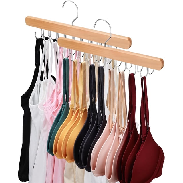 Pack de 2 Perchas de Madera Natural para Sujetadores y Tops con 36 Ganchos Plegables Giratorios 360° para Organizar Armarios