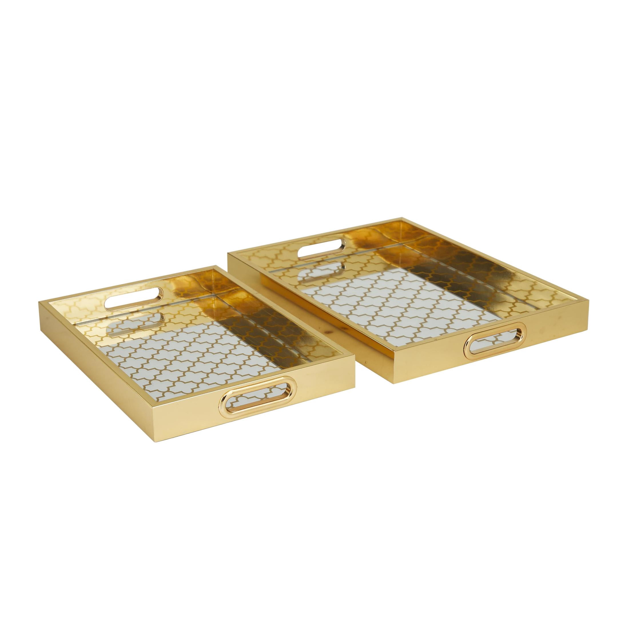 DecMode 16", 14"W Gold Plastic Mirrored Geometric Tray, 2-Pieces