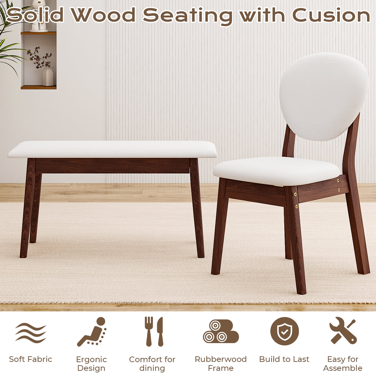 Ktaxon Solid Wood Dining Table Set for 6, Mid-Century Dining Room Table with 4 Padded Chairs & Bench, 47.3" Dining Room Set for 4~6 Family Use, Walnut