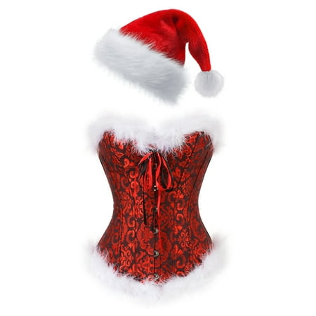 vastwit Women s Christmas Santa Claus Lingerie Corset Top Red Bustier with Santa Hat Black&Red XXL