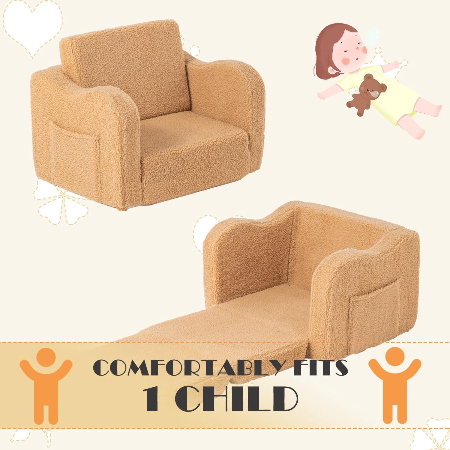Toddler Baby Chair Couch Sofa Kids Foldable 2-in-1 Sherpa Fold Out Couch Bed Toddler Chairs Comfy for Boys & Girls Convertible Kids Furniture Lounge Chair for Playroom with Double Pockets, Dark Camel
