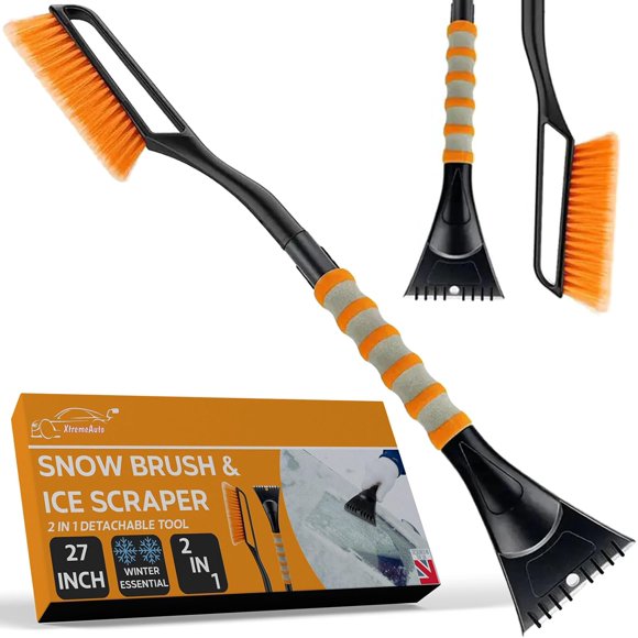 Xtremeauto Ice Scraper Snow Brush - 2 in 1 Car Windscreen Window Long Scraper Brush Car Ice Scraper For Windscreen Foam Grip Car Window Scraper With Long Handle 27 Detachable Icescraper