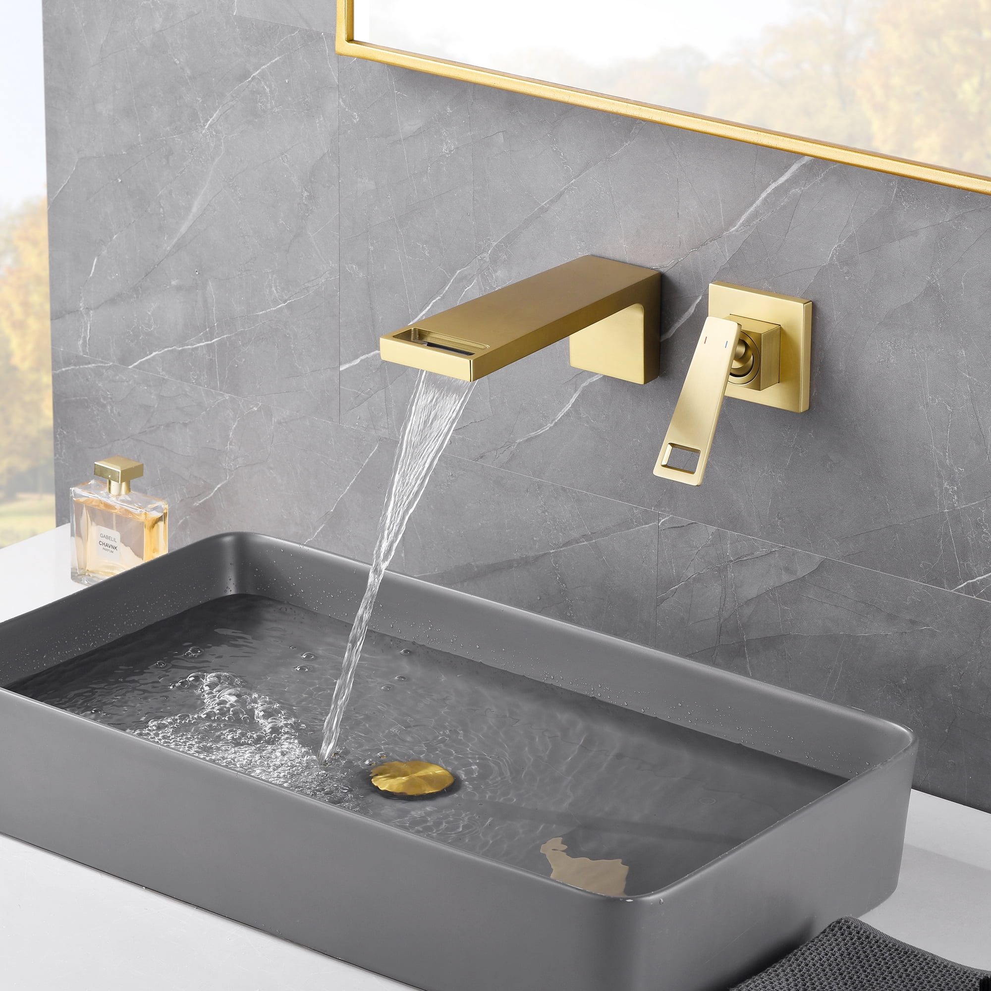 SUMERAIN Wall Mounted Bathroom Waterfall Faucet Wall Mount Sink Faucet Single Handle Vanity Faucet with Rough in Valve, Brushed Gold