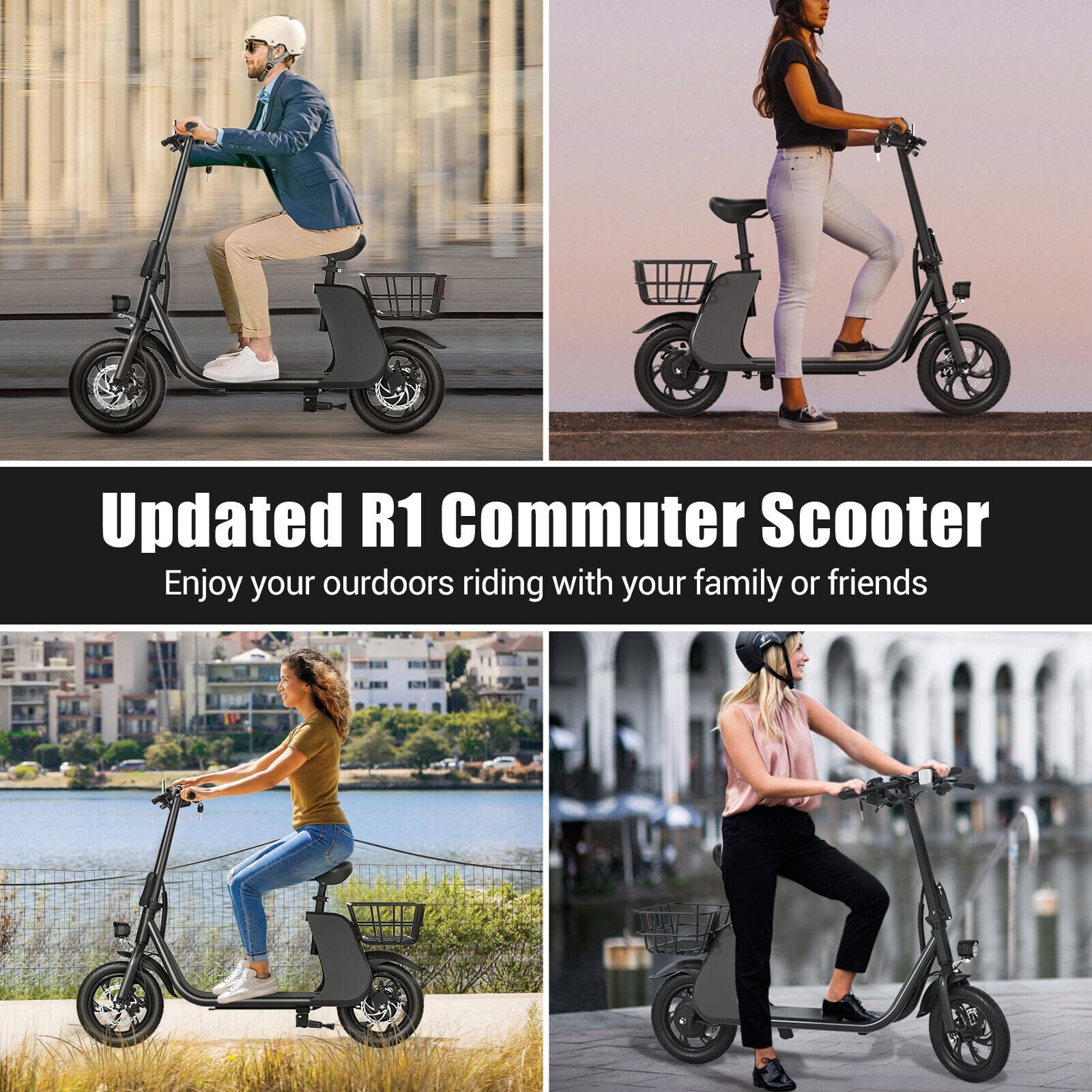 Lohoms Updated 450W Foldable Electric Scooters Bike, Adult Electric Moped Commuter Ebike Biycle Waterproof E-Scooter With Seat Basket 12 in Off-Road Tires,Black