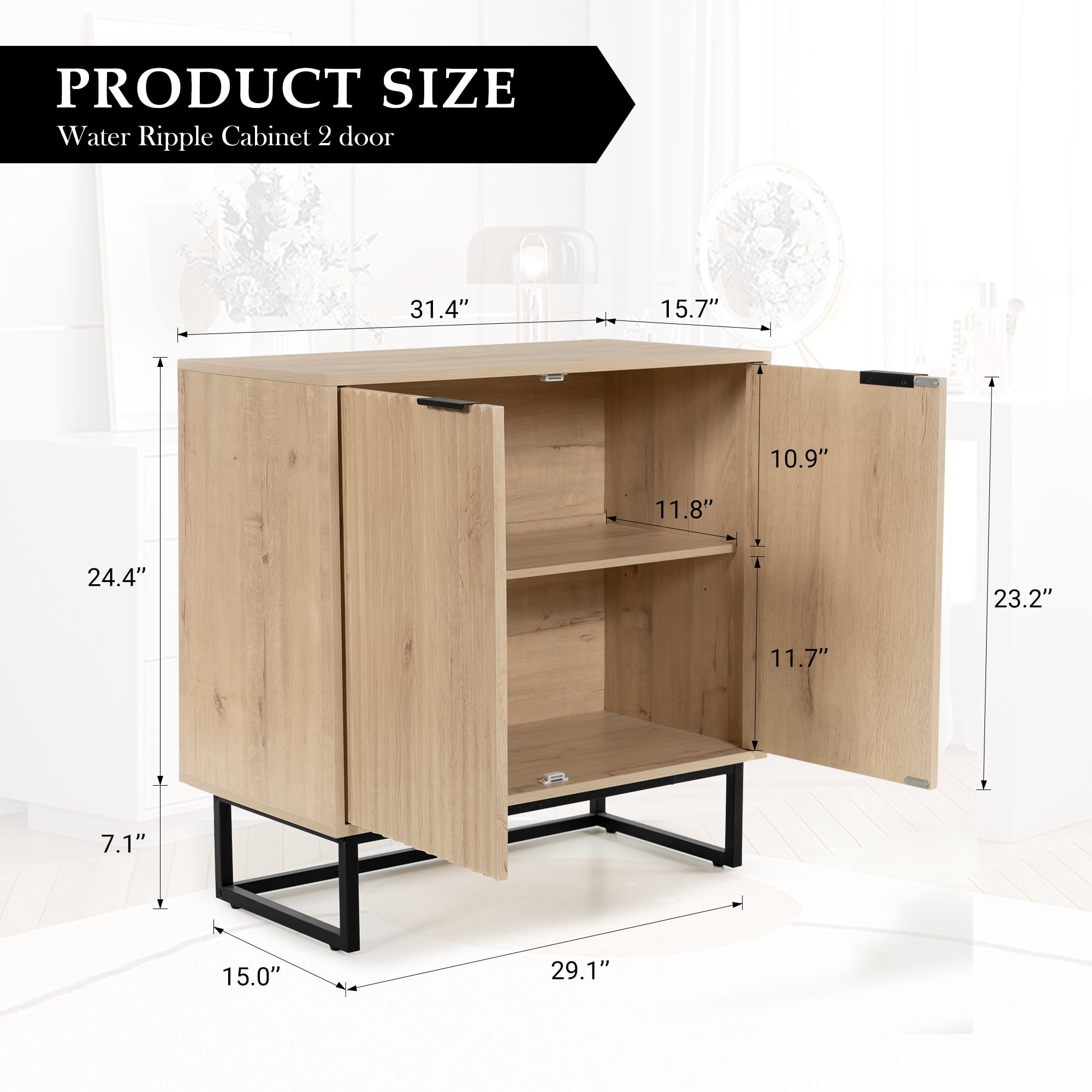 Joyyskill Fluted Storage Cabinets Set of 2, Sideboard Buffet Cabinet with Adjustable Shelves, Multifunctional Console Table Accent Cabinet, Light Oak