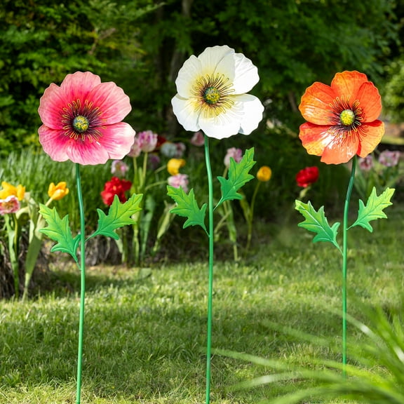 Poppy Flowers Metal Garden Stake, 43"
