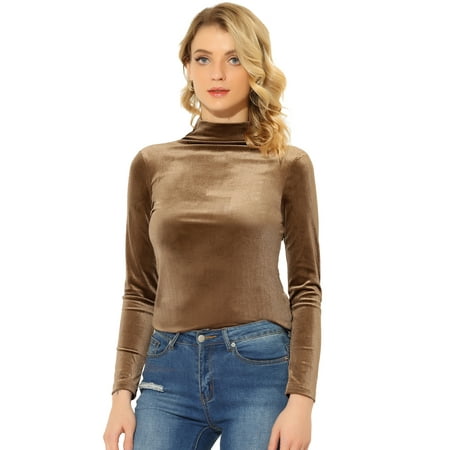 Women's Long Sleeve Shirt Mock Neck Stretchy Velvet Turtleneck Basic ...