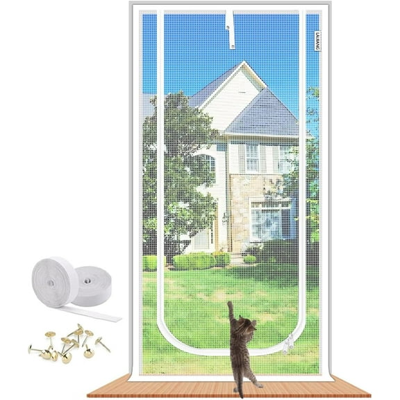 Jewelry Reinforced Cat Screen Door, Heavy Duty Pets Proof Screen Door with Bilateral Zipper, Prevent Dogs Cats Running Out from Home, Bedroom, Living Room, Kitchen Patio Door,85x205cm,White