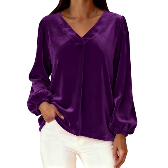 Plcasen Womens Velvet Tops V Neck Long Sleeve Fall Winter Trendy Dressy Casual Loose Tunic Shirts