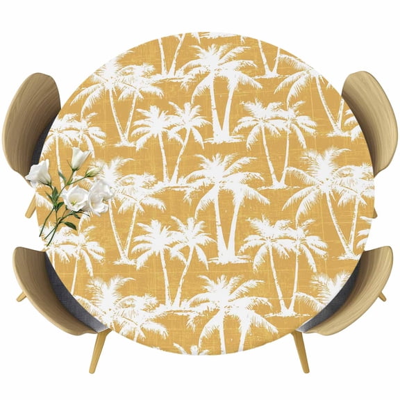 Yellow Palm Tree Summer Round Tablecloth 45-54 Inch Round Fitted Table Cloth with Elastic Edge, Beach Tropical Botanical Coastal Waterproof Table Cover Protector for Outdoor Picnic Party Dining