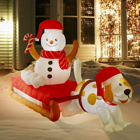 Nifti Nest 4.75 Ft Tall x 8 Ft Long Christmas Inflatable with Season s Sled  Snowman  Cute Dog  Built-in LED Lights - Outdoor/Indoor Christmas Decorations  Christmas Blowups  Lawn Party Décor