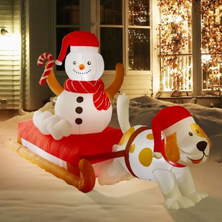 Nifti Nest 4.75 Ft Tall x 8 Ft Long Christmas Inflatable with Season s Sled Snowman Cute Dog Built-in LED Lights - Outdoor/Indoor Christmas Decorations Christmas Blowups Lawn Party Décor