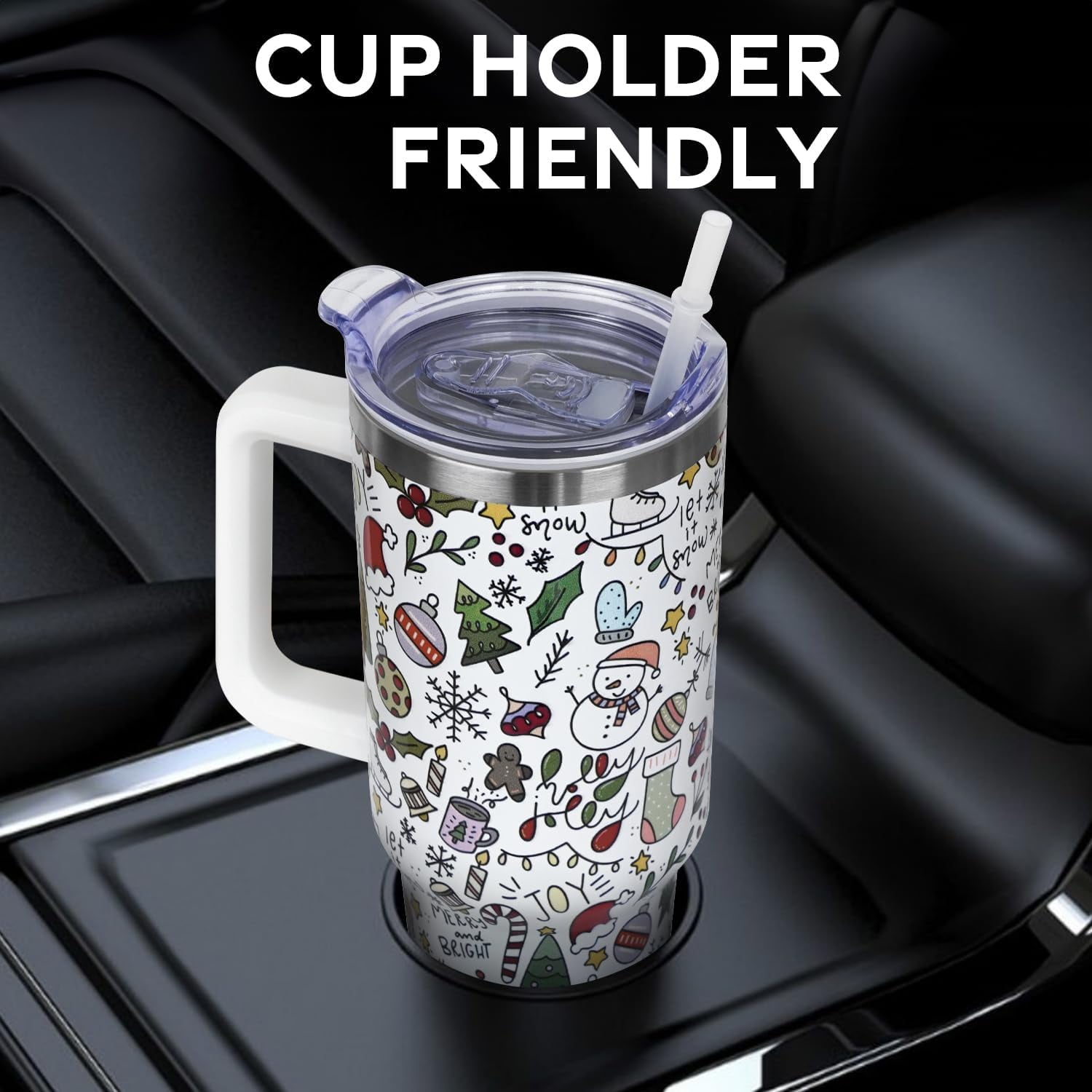 Christmas Gifts 40 oz Tumbler with Handle and Straw Lid,Cute Gifts for Women Snowman Xmas Tree Snowflake Vacuum Insulated Leak Proof Tumbler,Winter Holiday Accessories Stainless Steel Coffee Cup Mug