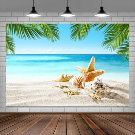 Image of Beach Photography Background 7X5Ft Blue Coastal Party Backdrop Starfish Shell Green Plant Summer Party Event Decoration
