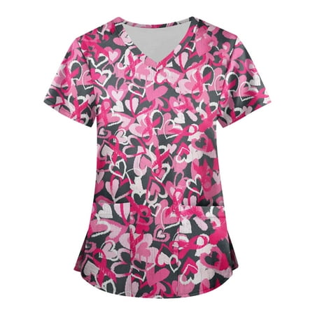 

Sksloeg Scrub Top for Women Fashion 2023 Heart Printed Top Comfort Scrubs Women s V-Neck Workwear Shirts Nursing Working Uniform Pink XXXXXL
