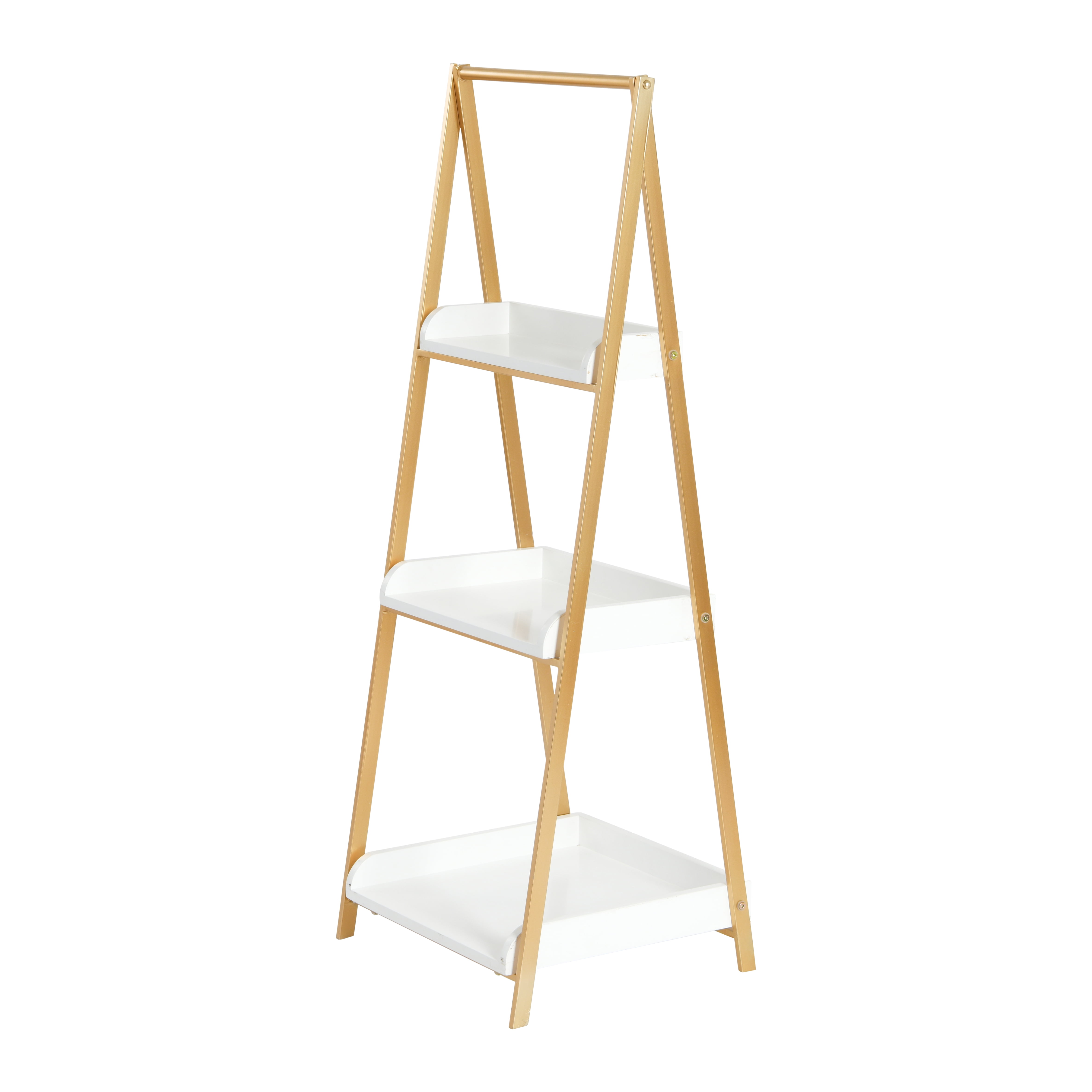 Ember Interiors 3 Tier Iron and Wood A Frame Shelf in White and Gold Finish