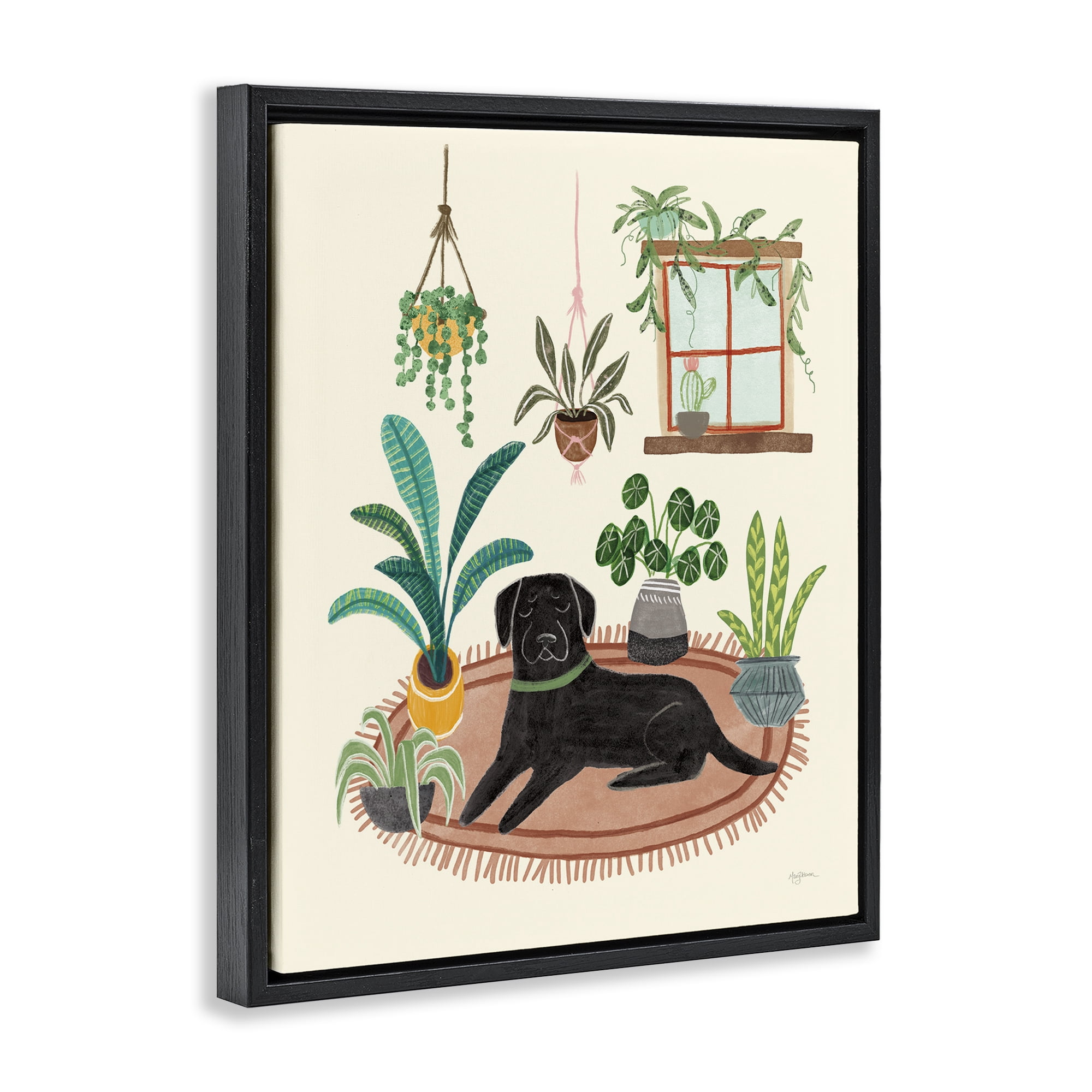 Stupell Industries Fun Dog & House Plants Animals & Insects Painting Black Floater Framed Canvas Art Print Wall Art, 25 x 31