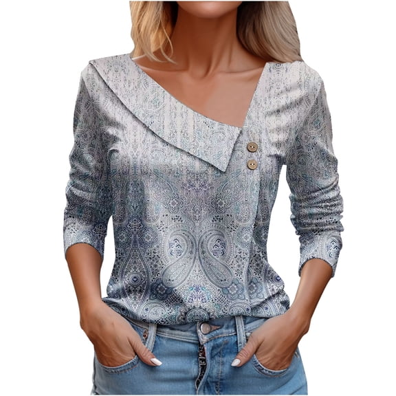 WREESH Womens Fashion Dressy Tops Side Button V-Neck Printed Long Sleeved Shirt T-Shirt Pullover Gray