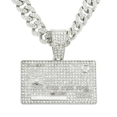 1Pcs card-shaped Pendant Covered in Diamonds Hanging from a Luxurious silver Cuban Link Chain.This is a chain-style hip-hop style jewelry necklace.