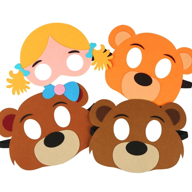 4 Count Goldilocks and the Three Bears Costume Masks, Half Face Felt Masquerade Mask for Kids