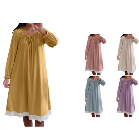SROBPTY Womens Sleepwear Nightgowns for Women Women s Casual Solid Color Long Sleeve Ruffled Long Nightgown Home Sleepwear Blue XXL